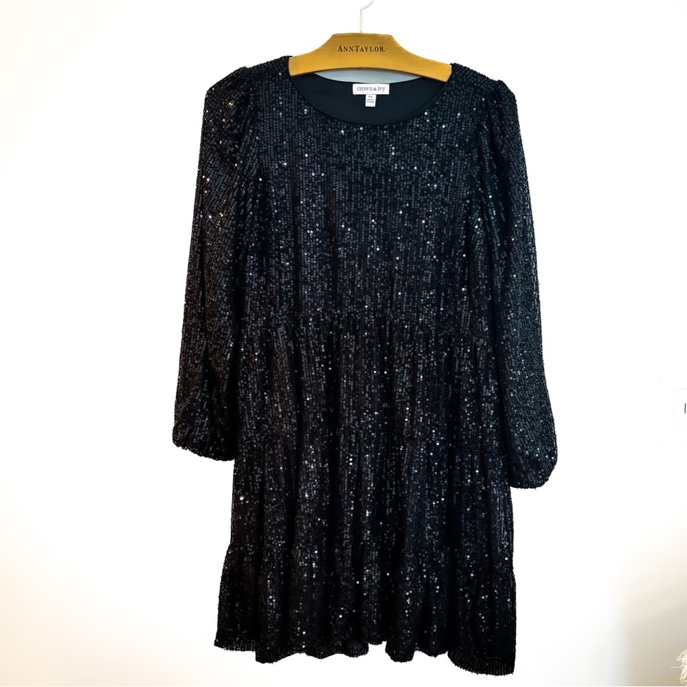 Crown & Ivy Black Sequin Babydoll Dress Petite Small
